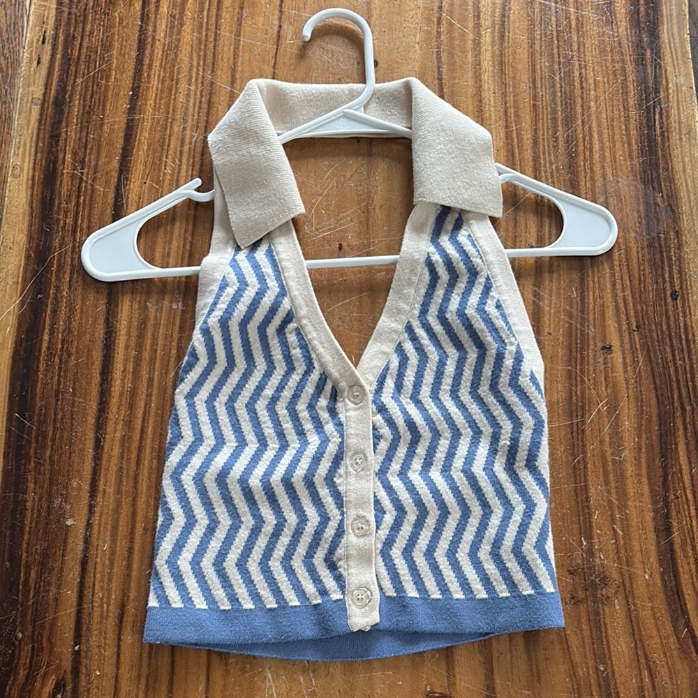 NO BRAND TAG Blue and Cream Chevron Knit Top